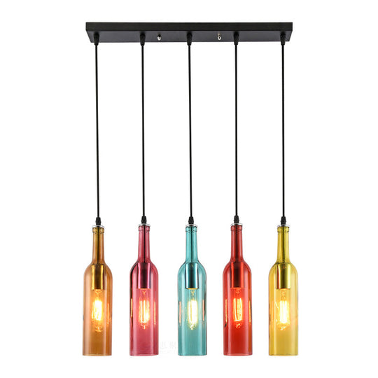Vintage Black Glass Pendant Light With 5 Linear Bottle Shades - Elegant Suspension Fixture
