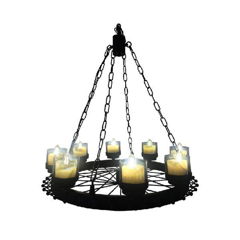 Vintage Candle Ceiling Light Fixture: Black Iron Chandelier With Cylinder Shade & Wheel Design -
