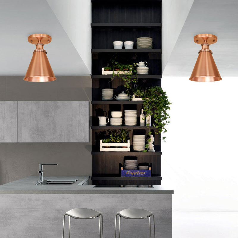Metallic Vintage Style Rust/Copper Semi Flush Light Fixture - 1 Tapered Indoor Design Copper