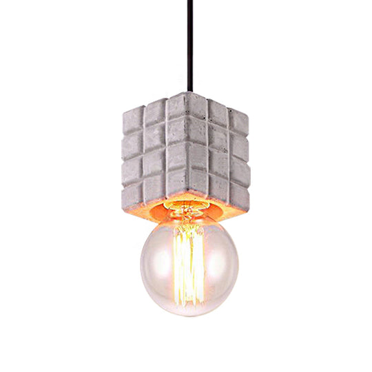 Cement Square Pendant Light With Vintage Bare Bulb - 1-Light Ceiling Lamp For Restaurants In Grey