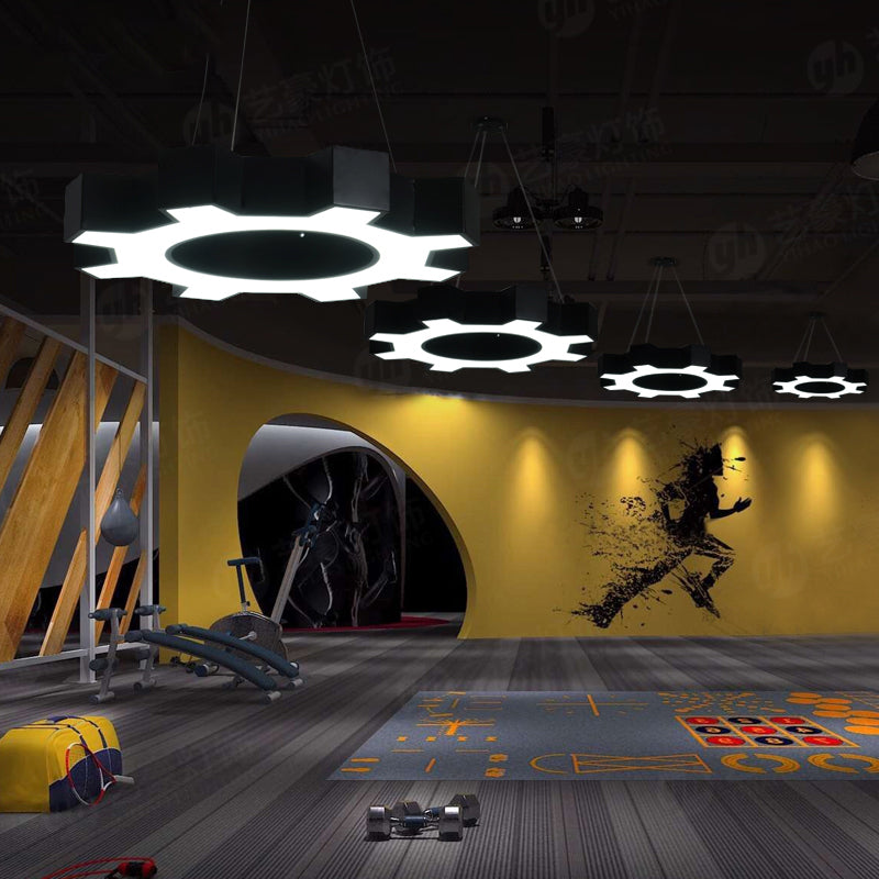 Contemporary Metal Led Pendant Lamp For Gym - Wide Gear Shape White/Black White/Warm Light