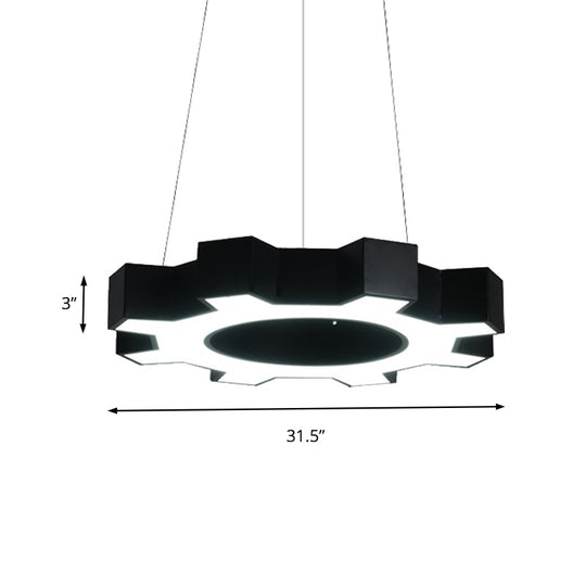 Contemporary Metal Led Pendant Lamp For Gym - Wide Gear Shape White/Black White/Warm Light
