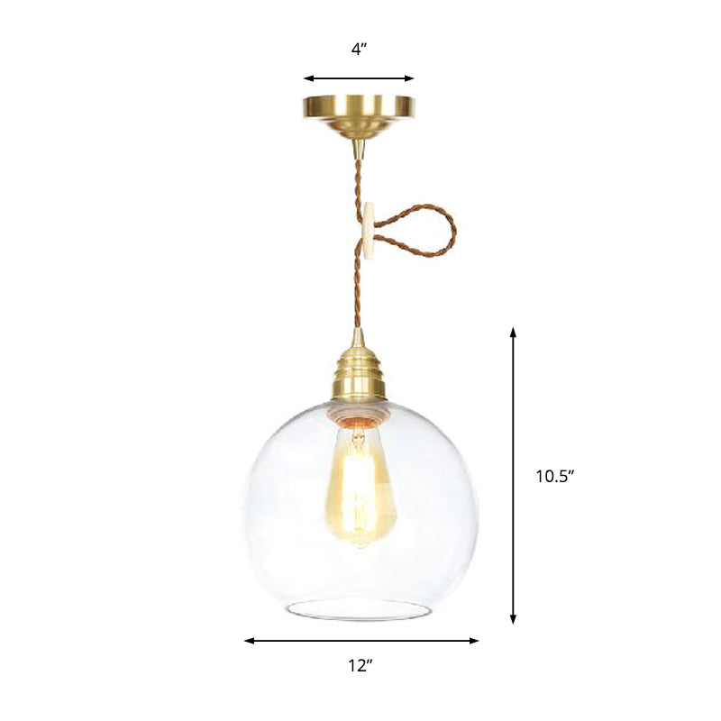 Industrial Globe Pendant Lighting - 1 Light Clear Glass Hanging Lamp In Brass 8’/10’/12’ Wide