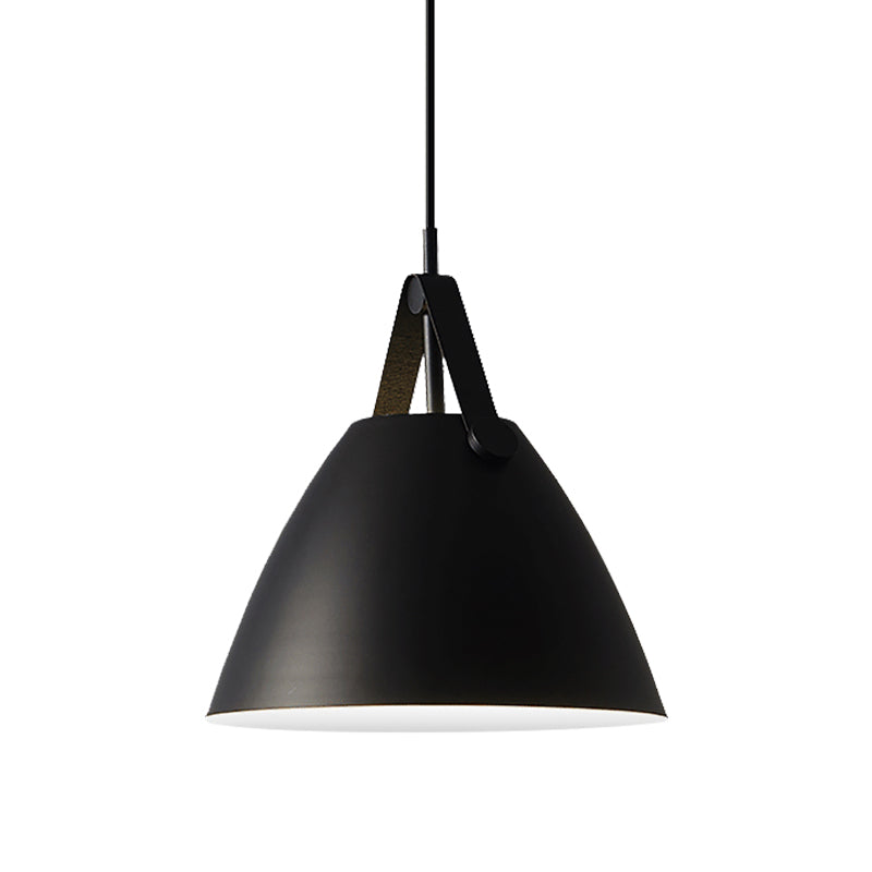 Modernist Conical Pendant Lighting - Metallic Suspension Light With Leather Strap Black/Blue