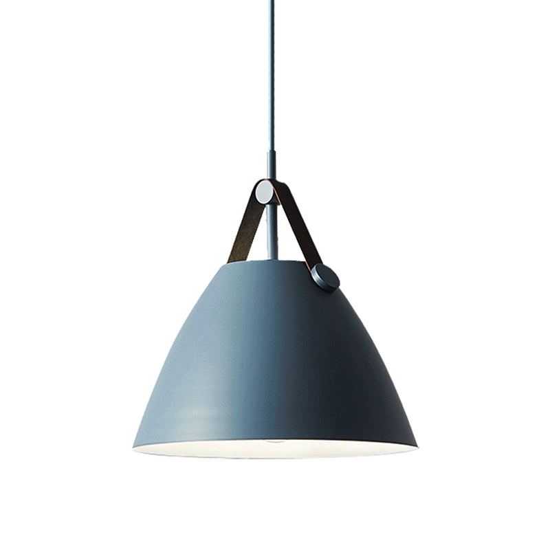 Modernist Conical Pendant Light 10.5/14 W 1-Bulb Metallic Suspension With Leather Strap Black/Blue