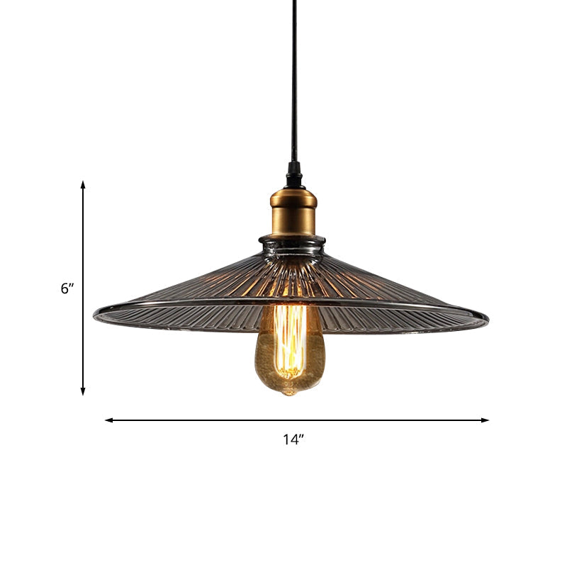 Farmhouse Brass Cone Pendant Ceiling Light With Ribbed Glass - Living Room Hanging Lamp (1 Light)