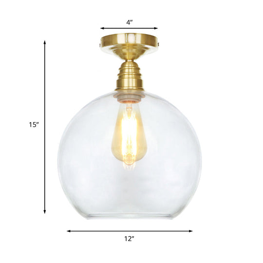 Spherical Brass Industrial Semi Flush Light: Clear/Amber Glass Ceiling Mount 8’/10’/12’ Wide