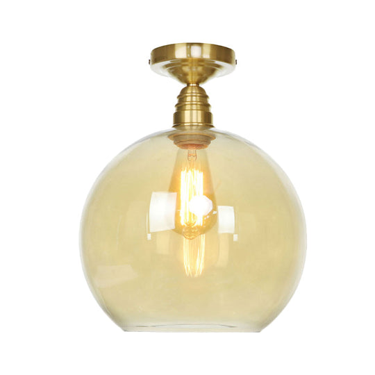 Spherical Brass Industrial Semi Flush Light: Clear/Amber Glass Ceiling Mount 8’/10’/12’ Wide
