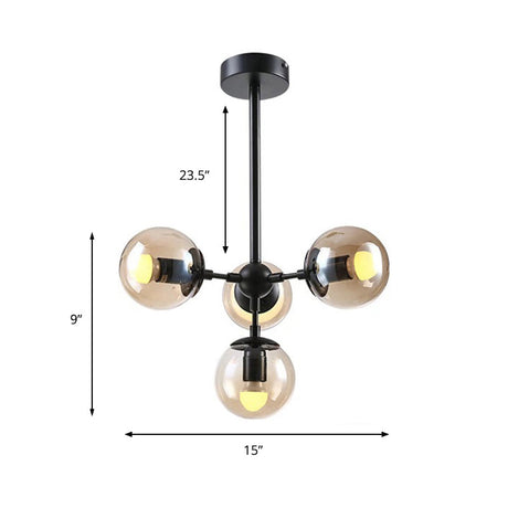 Vintage Amber Glass Ceiling Chandelier With 4 Lights | Black Hanging Fixture For Dining Room
