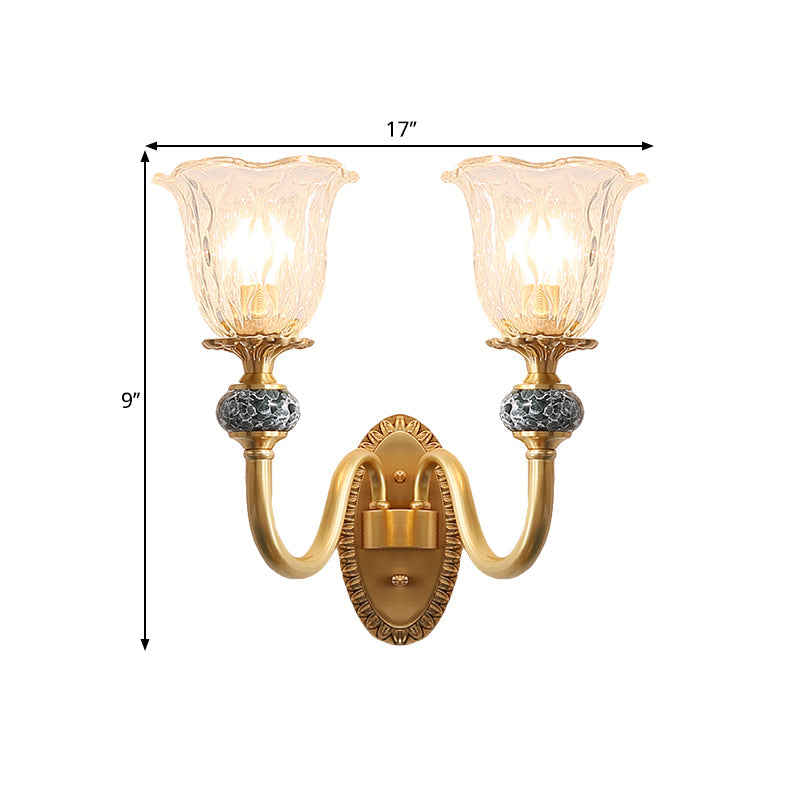 Floral Farmhouse Dining Room Wall Sconce - Clear Ribbed Glass 6/17 W 2 Lights Brass Finish