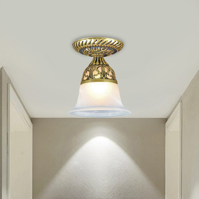 Frosted Glass Farmhouse Flush Mount Lamp - Bell Shape 1 - Head Brass Ceiling Light Fixture For