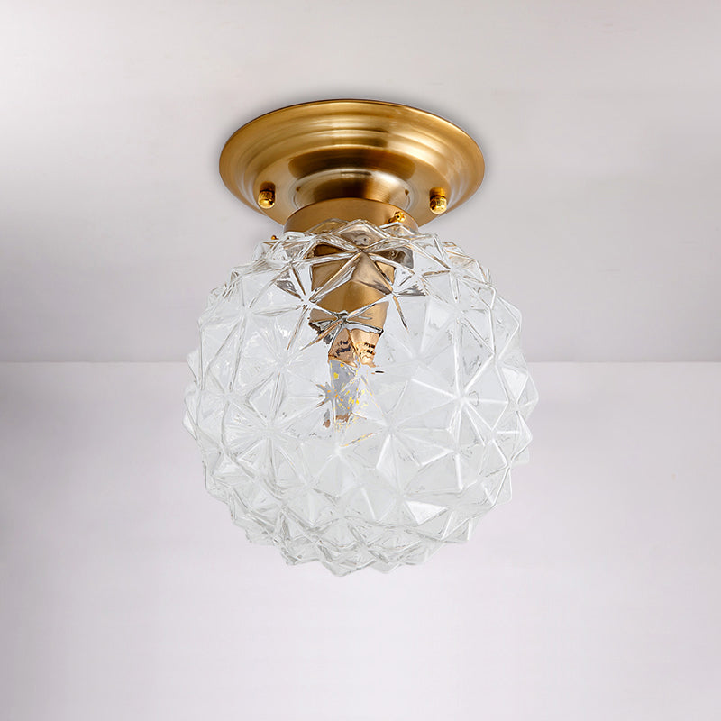 Countryside Blue/Clear/Smoke Gray Prismatic Glass Pine Cone Hallway Ceiling Lamp - Brass Flush Mount