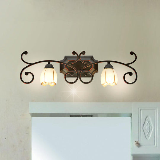 Frosted Glass Blossom Vanity Lamp: Antiqued 2/3 Heads Bathroom Twig Design Wall Lighting (Red Brown)
