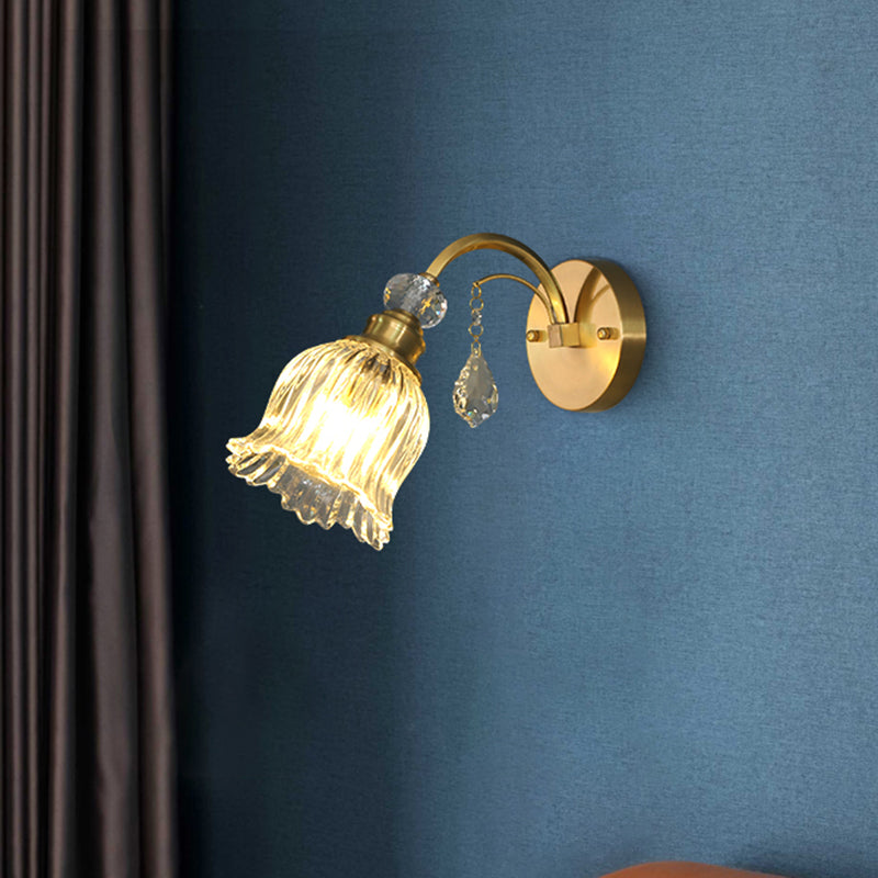 Clear Fluted Glass Wall Light With Crystal Drop Decor In Brass