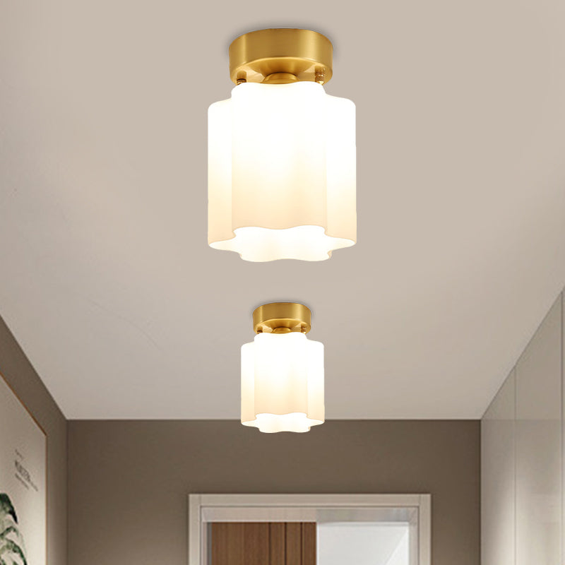 White Glass Brass Flush Lamp - Scalloped/Shell/Trapezoid Design 1-Light Cottage Ceiling Mount For