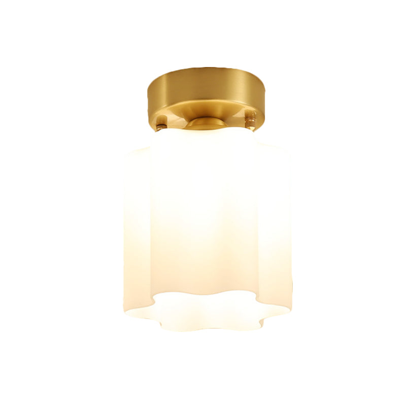 White Glass Brass Flush Lamp - Scalloped/Shell/Trapezoid Design 1 - Light Cottage Ceiling Mount For