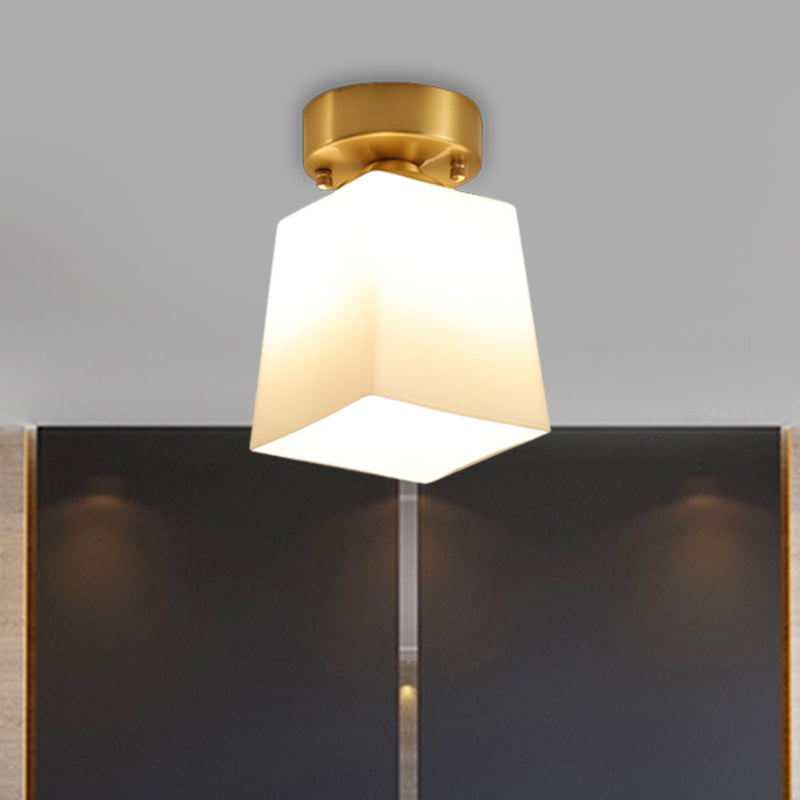 White Glass Brass Flush Lamp - Scalloped/Shell/Trapezoid Design 1-Light Cottage Ceiling Mount For