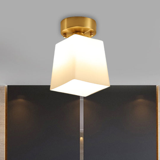 White Glass Brass Flush Lamp - Scalloped/Shell/Trapezoid Design 1-Light Cottage Ceiling Mount For