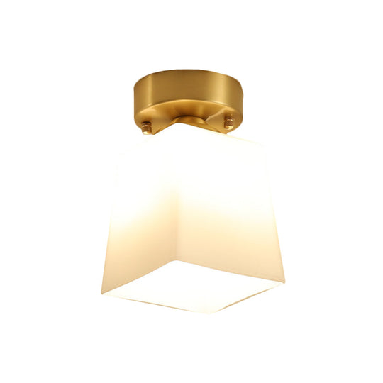 White Glass Brass Flush Lamp - Scalloped/Shell/Trapezoid Design 1 - Light Cottage Ceiling Mount For