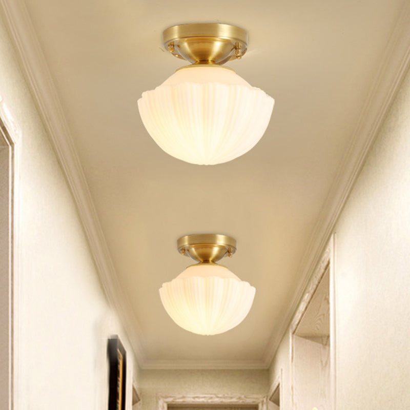White Glass Brass Flush Lamp - Scalloped/Shell/Trapezoid Design 1 - Light Cottage Ceiling Mount For