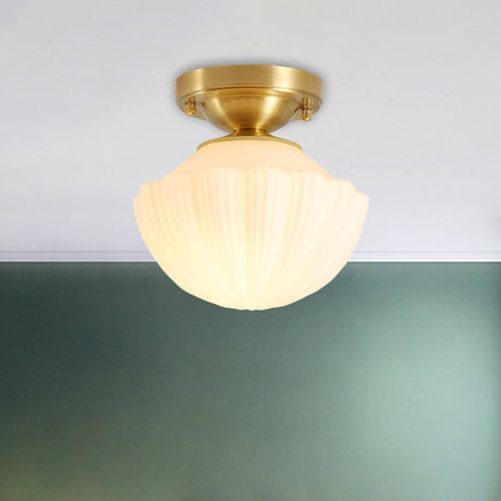 White Glass Brass Flush Lamp - Scalloped/Shell/Trapezoid Design 1-Light Cottage Ceiling Mount For