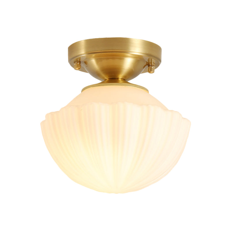 White Glass Brass Flush Lamp - Scalloped/Shell/Trapezoid Design 1 - Light Cottage Ceiling Mount For