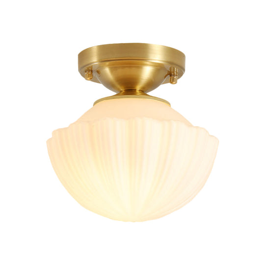 White Glass Brass Flush Lamp - Scalloped/Shell/Trapezoid Design 1-Light Cottage Ceiling Mount For