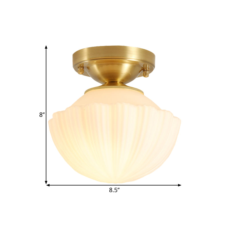White Glass Brass Flush Lamp - Scalloped/Shell/Trapezoid Design 1-Light Cottage Ceiling Mount For