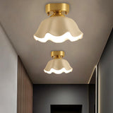 White Glass Brass Flush Lamp - Scalloped/Shell/Trapezoid Design 1-Light Cottage Ceiling Mount For
