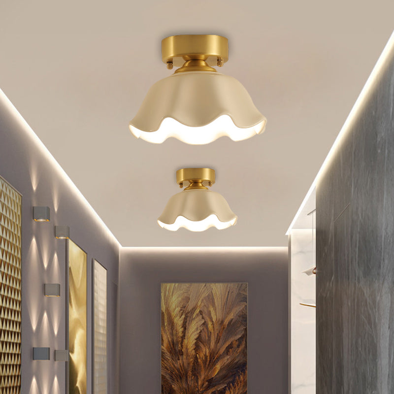 White Glass Brass Flush Lamp - Scalloped/Shell/Trapezoid Design 1 - Light Cottage Ceiling Mount For