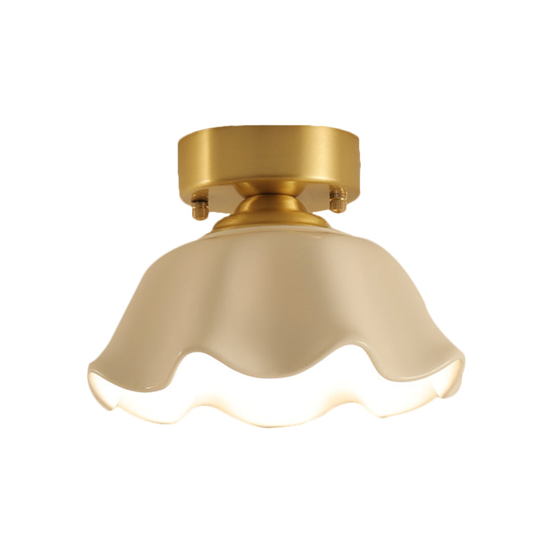 White Glass Brass Flush Lamp - Scalloped/Shell/Trapezoid Design 1 - Light Cottage Ceiling Mount For