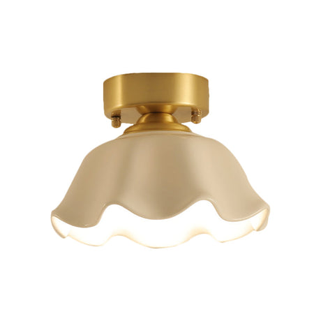 White Glass Brass Flush Lamp - Scalloped/Shell/Trapezoid Design 1-Light Cottage Ceiling Mount For