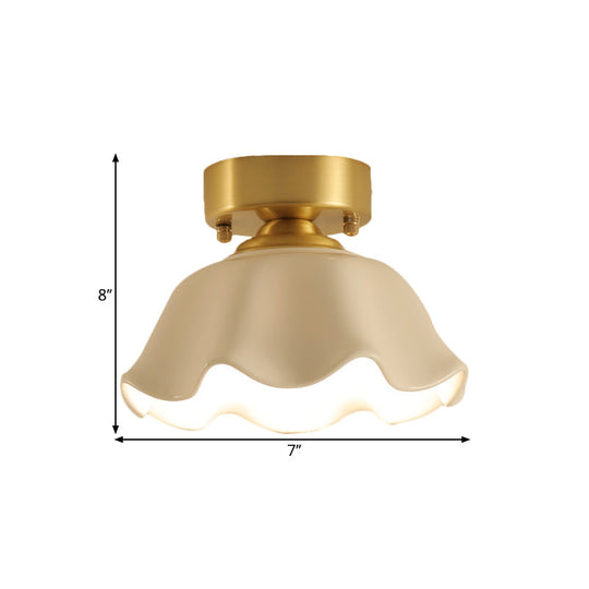 White Glass Brass Flush Lamp - Scalloped/Shell/Trapezoid Design 1 - Light Cottage Ceiling Mount For