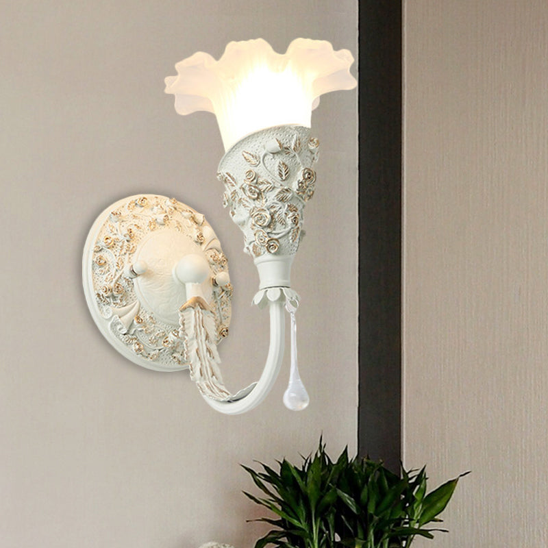 Farmhouse Frosted Glass Bedroom Sconce Light With Crystal Drop Decor