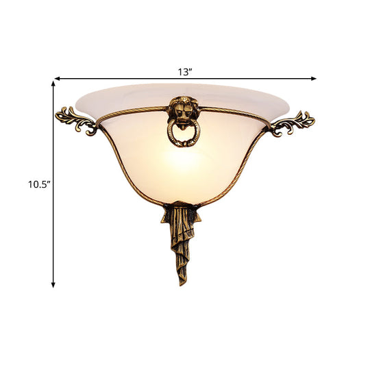 Traditional Brass Frosted Glass Wall Sconce - 1-Head Domed Light For Corridor