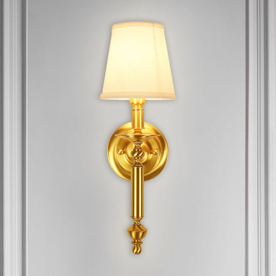 Country Fabric Tapered Wall Lighting: Single Light Brass Mounted Lamp With Metallic Arm