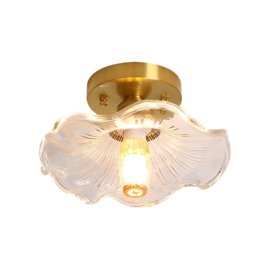 Classic Cone/Lotus Leaf/Floral Clear Glass Ceiling Light In Brass 7.5 - 9’ Wide