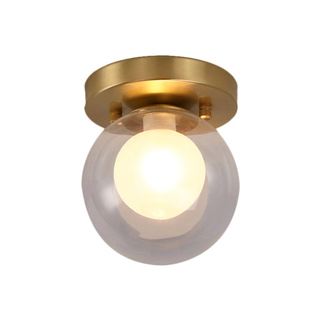 Brass Dual Orb Ceiling Flush Mount Fixture With Clear And Opal Glass