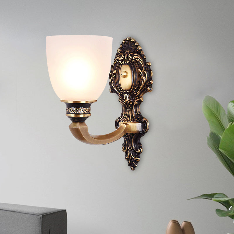 Country White Glass Wall Sconce Light - 2-Head Brass Fixture Inverted Bell Design 5/14 Wide / 5