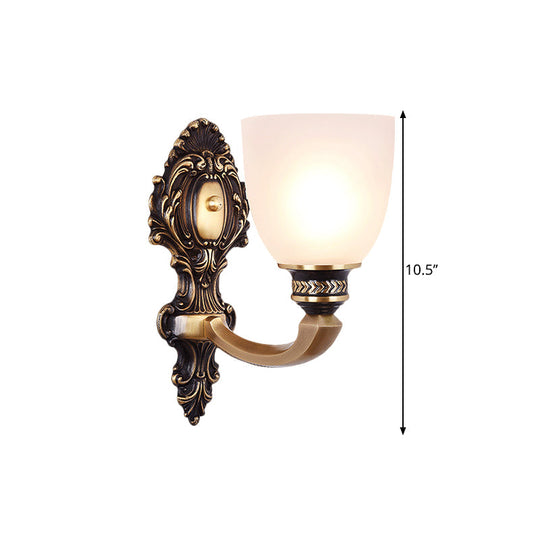 Country White Glass Wall Sconce Light - 2-Head Brass Fixture Inverted Bell Design 5/14 Wide