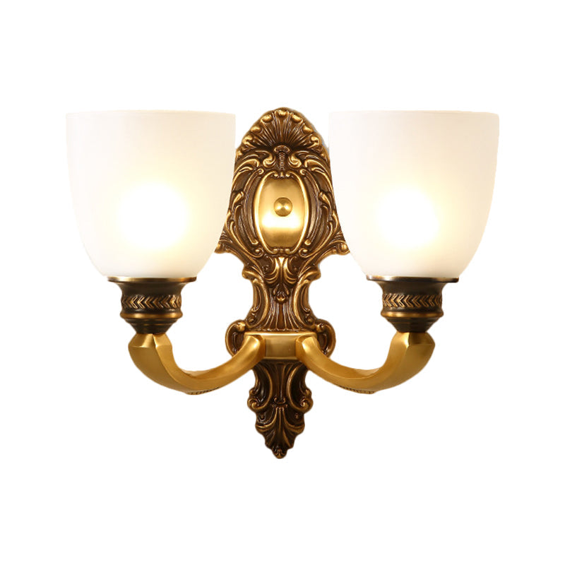 Country White Glass Wall Sconce Light - 2-Head Brass Fixture Inverted Bell Design 5/14 Wide