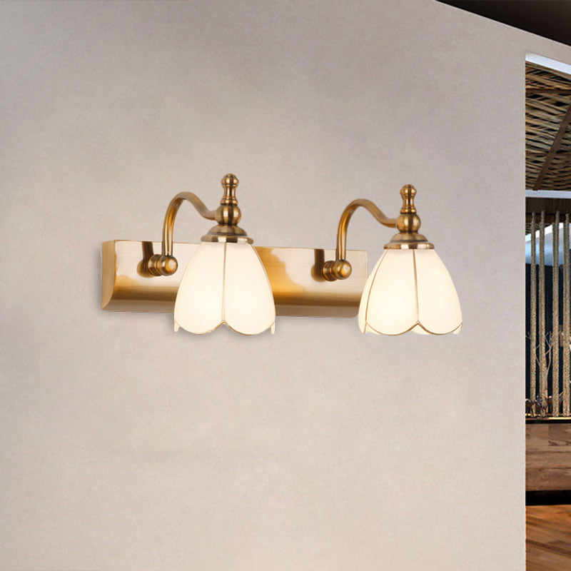 Rustic Wall Mounted Vanity Lamp: White Glass Brass Scalloped 1/2-Light With Curved Arm