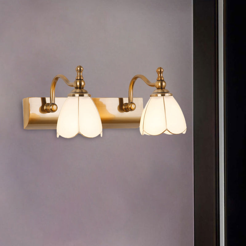 Rustic Wall Mounted Vanity Lamp: White Glass Brass Scalloped 1/2-Light With Curved Arm