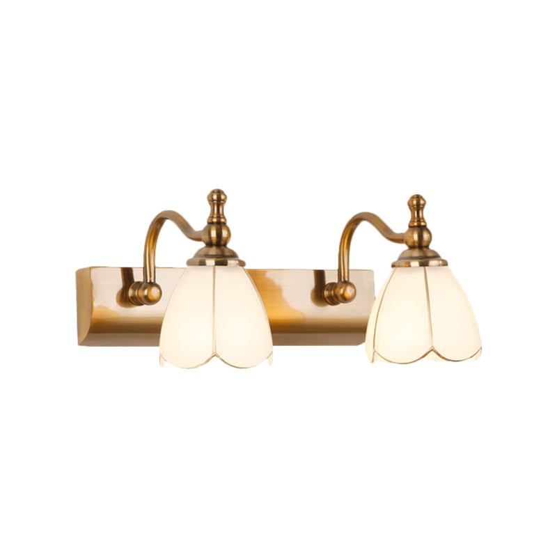 Rustic Wall Mounted Vanity Lamp: White Glass Brass Scalloped 1/2-Light With Curved Arm