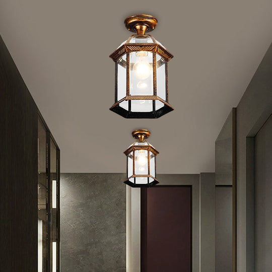 Traditional Flush Mount Cage Lantern With Single Bulb In Black/Brass 8’/9.5’ Wide