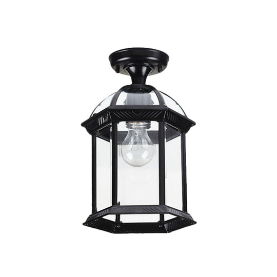 Traditional Flush Mount Cage Lantern With Single Bulb In Black/Brass 8’/9.5’ Wide