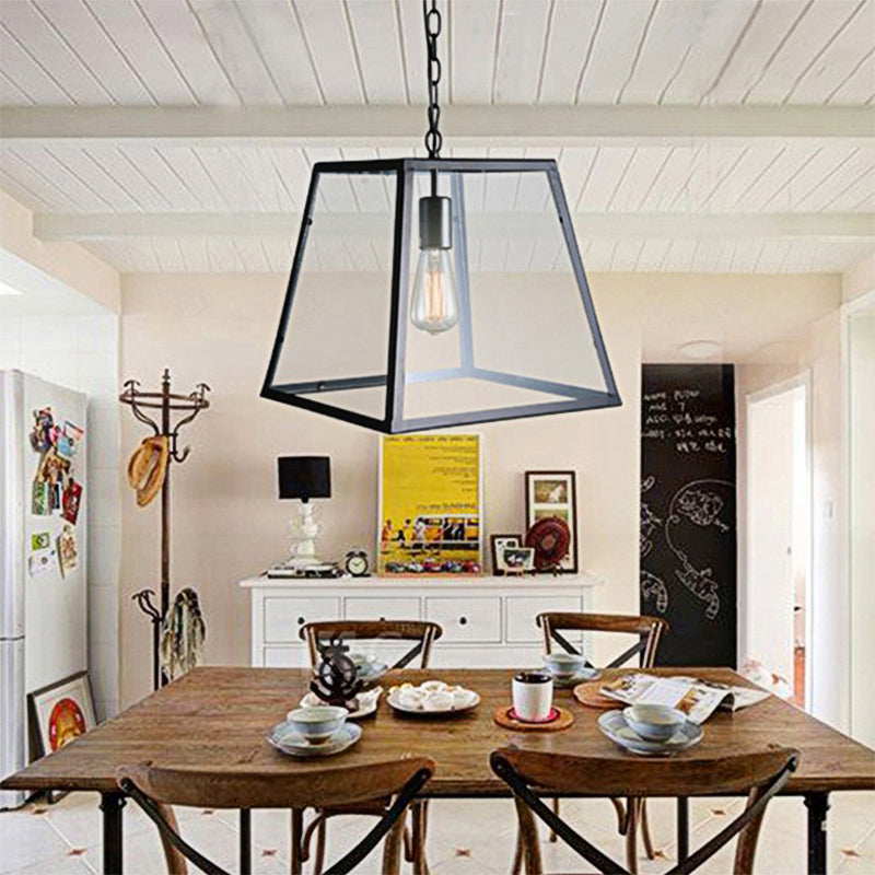 Industrial Trapezoid Pendant Light With Clear Glass & Black Finish 7’/12’ Wide