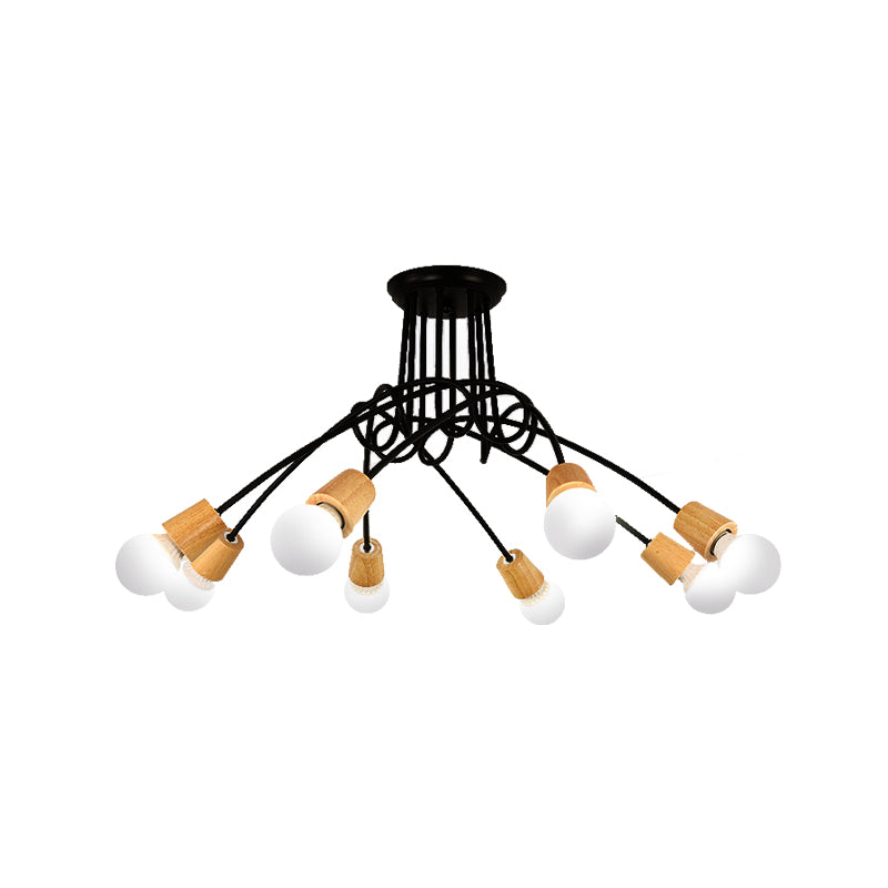 Loft Style Metal Ceiling Light With Open Bulb & Twisted Arm – 3/5 Lights Wood Accent Perfect For