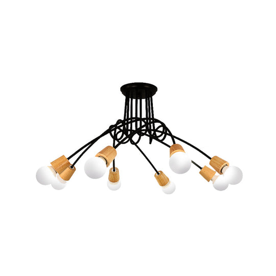 Loft Style Metal Ceiling Light With Open Bulb & Twisted Arm – 3/5 Lights Wood Accent Perfect For