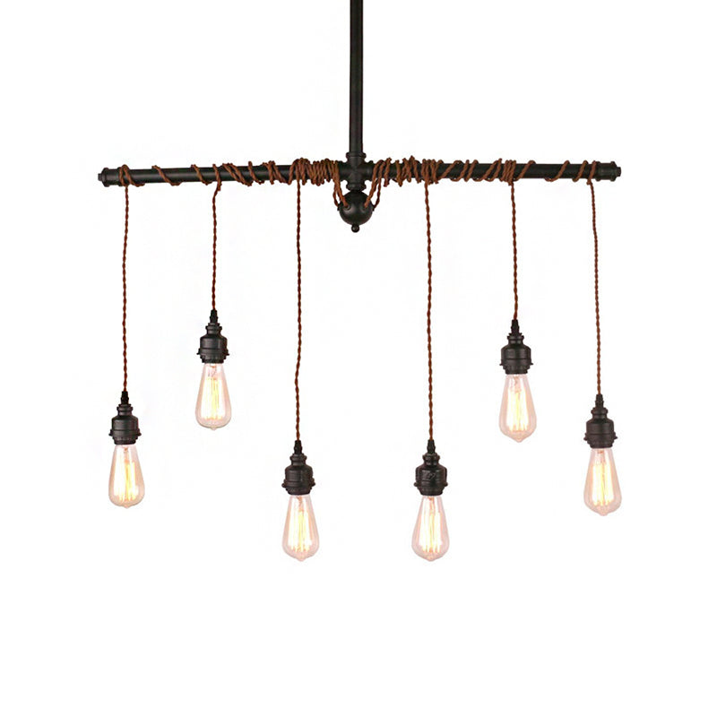 Vintage 6-Light Tubing Pendant Lamp Black Finish With Hanging Bulb - Indoor Ceiling Light Fixture